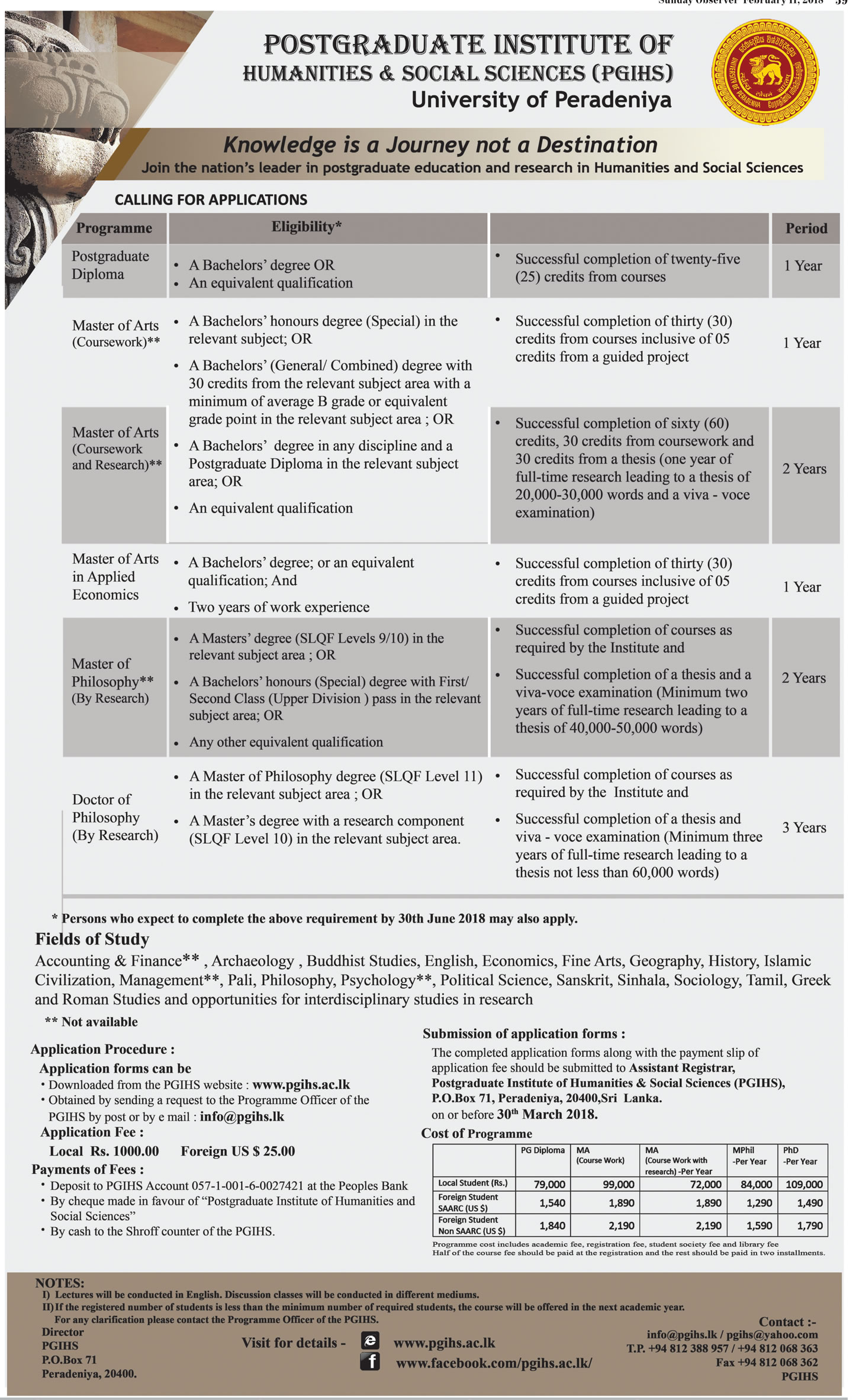 Postgraduate Diploma, Master of Arts, Master of Arts in Applies Economics, Master of Philosophy, Doctor of Philosophy - Postgraduate Institute of Humanities & Social Sciences - University of Peradeniya 